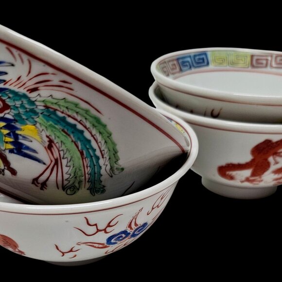 Vintage Japanese Arita Ware Imari-Style Dragon Rice Bowls Set of Four - Picture 2 of 7